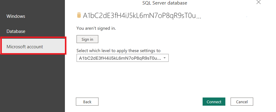 Screenshot of signing into Power BI with your Microsoft account.