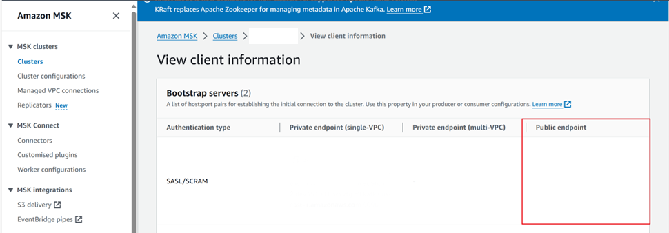 Screenshot that shows the public endpoint of Amazon Managed Streaming for Apache Kafka (MSK) cluster.