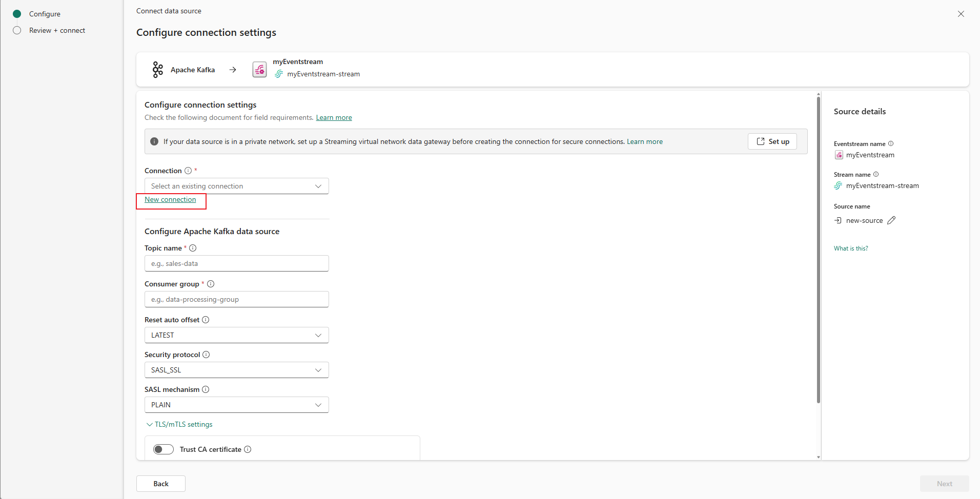 Screenshot that shows the selection of the New connection link on the Connect page of the Get events wizard.