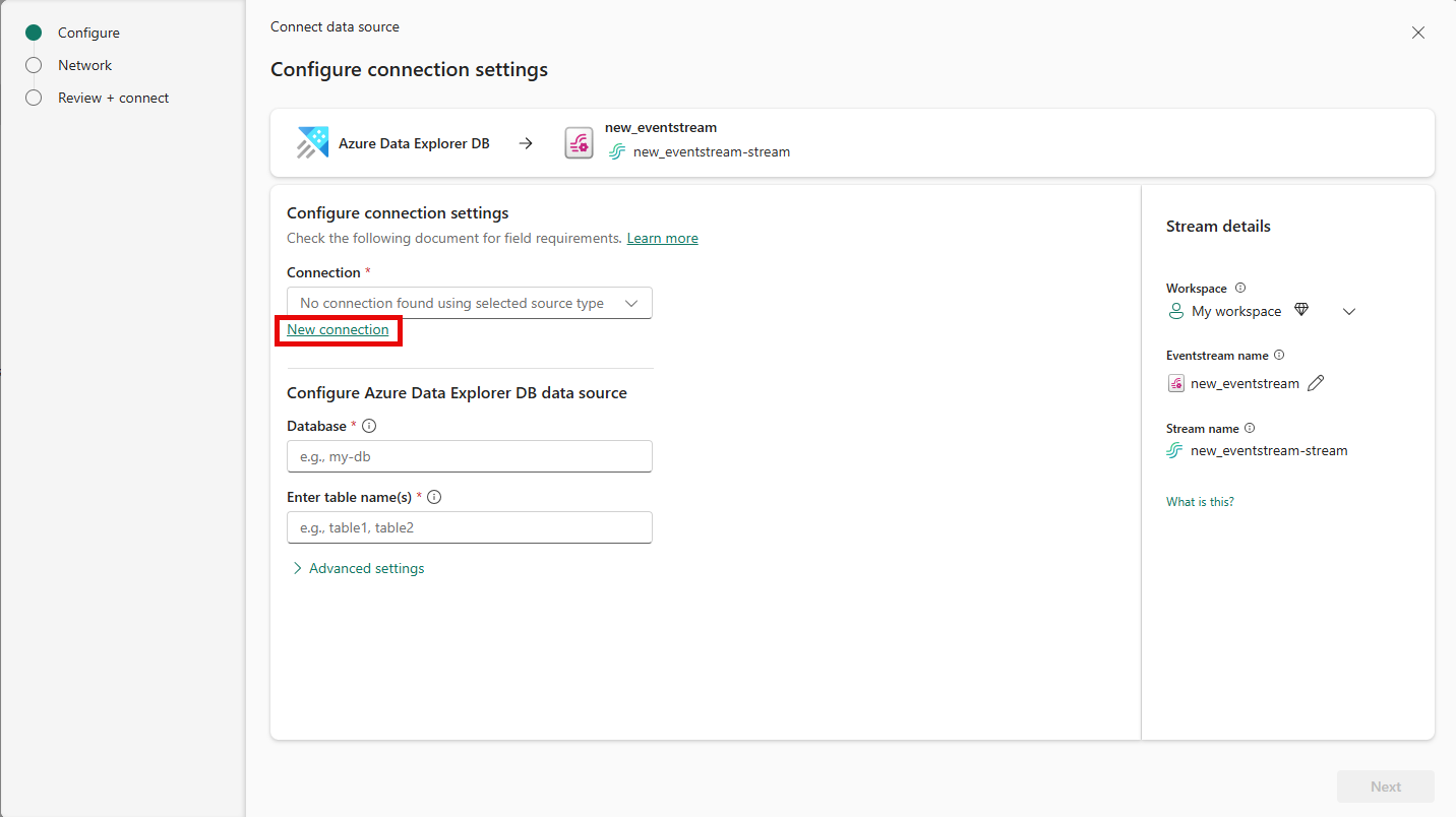 Screenshot that shows the page for configuration connection settings.