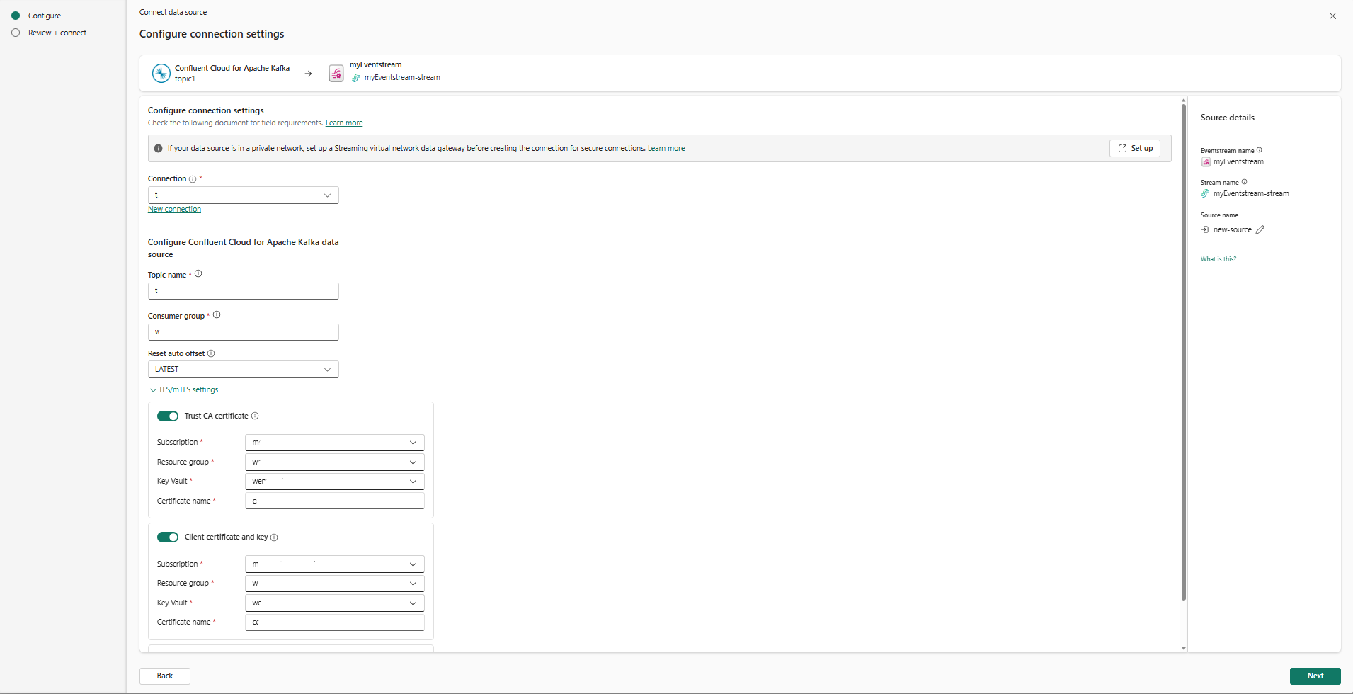 Screenshot that shows the second page - Configure Confluent data source page - of the Confluent connection settings.