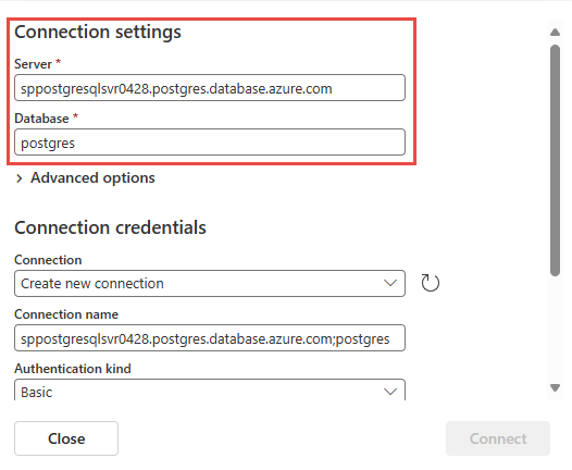 Screenshot that shows the Connection settings section for the PostgreSQL database connector.