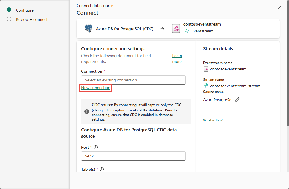 Screenshot that shows the Connect page for a PostgreSQL database with New connection link highlighted.