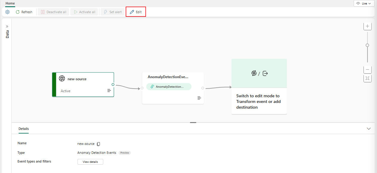 Screenshot that shows the live view in Eventstream.