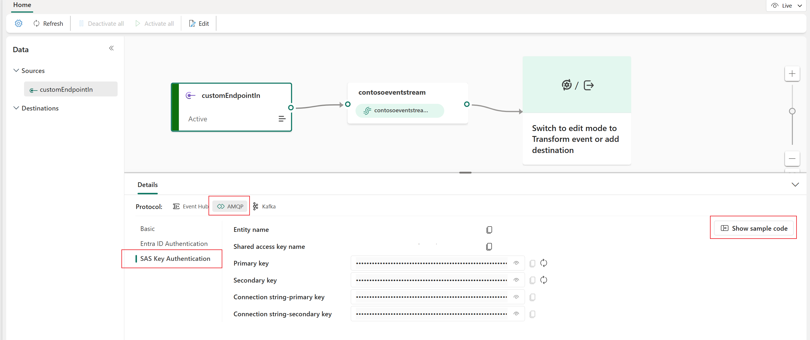Screenshot that shows the button for showing AMQP sample code on the Details pane of the eventstream live view.