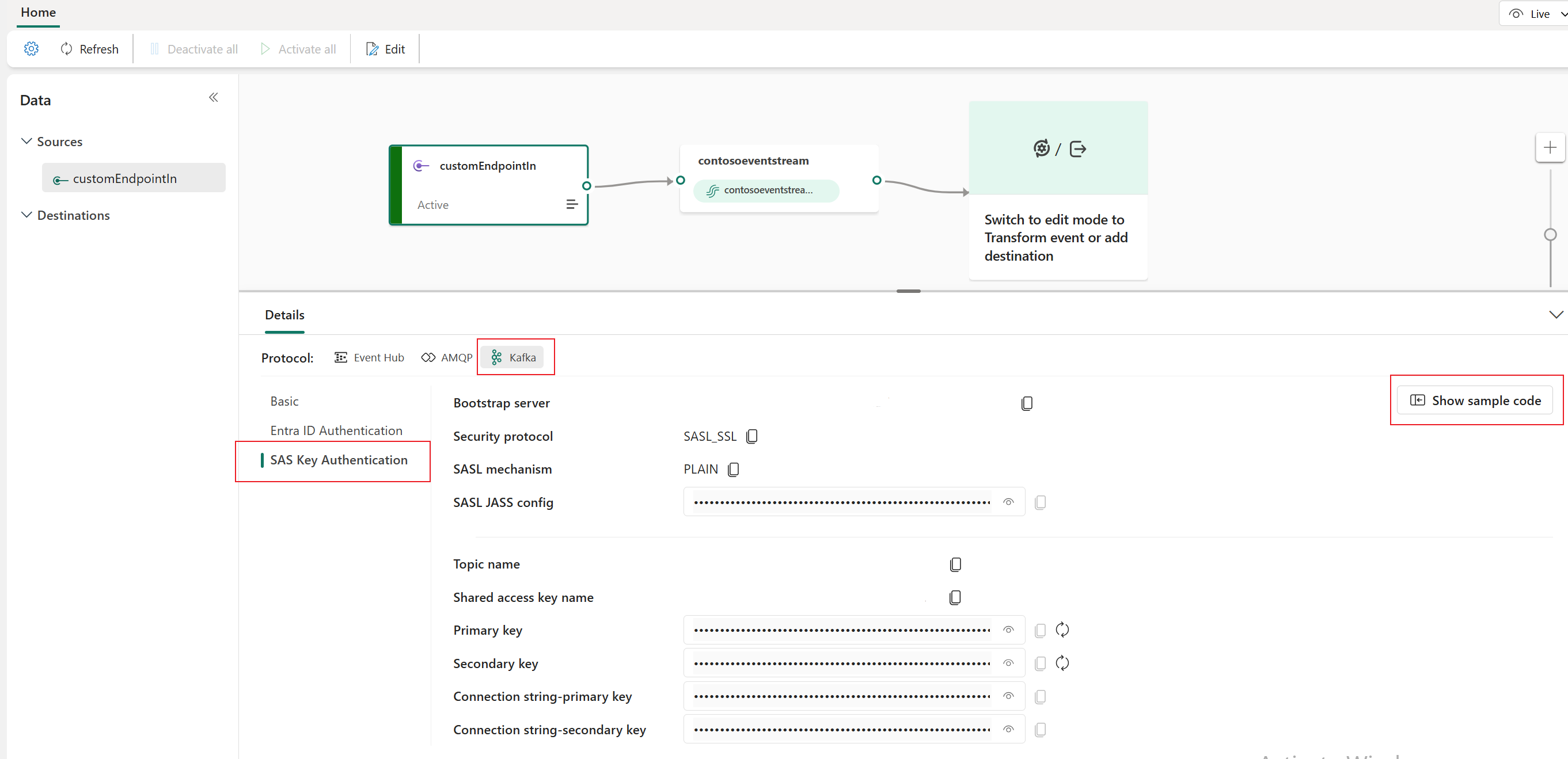 Screenshot that shows the button for Kafka sample code on the Details pane of the eventstream live view.