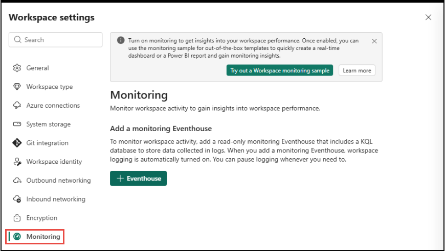Workspace settings panel with the Monitoring section selected in the left navigation. The + Eventhouse button is visible in the Monitoring pane.