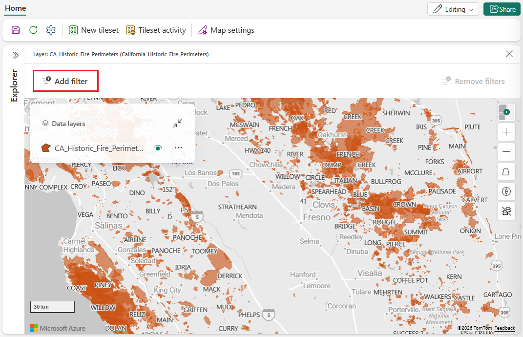 A screenshot of the Fabric Maps interface showing the Add filter button in the upper left corner of the layer panel above the map.