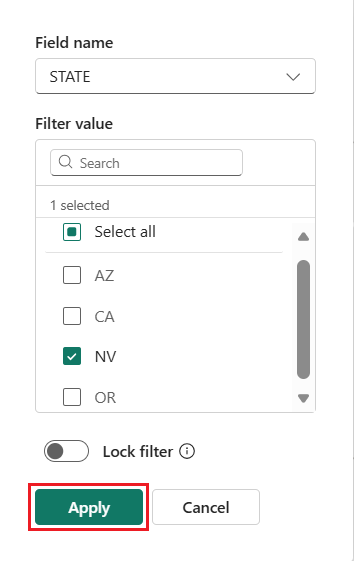 A screenshot showing a filter dialog box with Field name set to STATE using a dropdown menu. Next, a Filter value section shows a search box, one selected indicator, and a scrollable list of state abbreviations including AZ, CA, NV, and OR with checkboxes. NV is checked. A Lock filter toggle appears at the bottom with Apply and Cancel buttons.