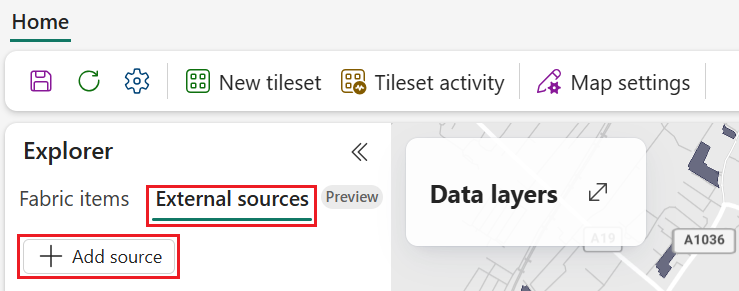 A screenshot of the Microsoft Fabric Maps interface showing the External sources tab selected in the Explorer panel. The Add source button is visible, allowing users to add a new external data source. The wider environment displays a map preview on the right and a navigation bar at the top with options for Home, New tileset, Tileset activity, and Map settings.