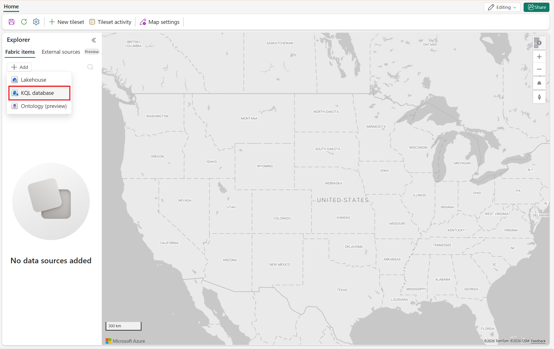 A screenshot of the Explorer pane in Fabric Maps showing the Fabric items tab. The Add dropdown menu is open and displays three options: Lakehouse, KQL database, and Ontology (preview). Ontology (preview) is highlighted in the list. The interface provides access to data sources for adding to map layers.