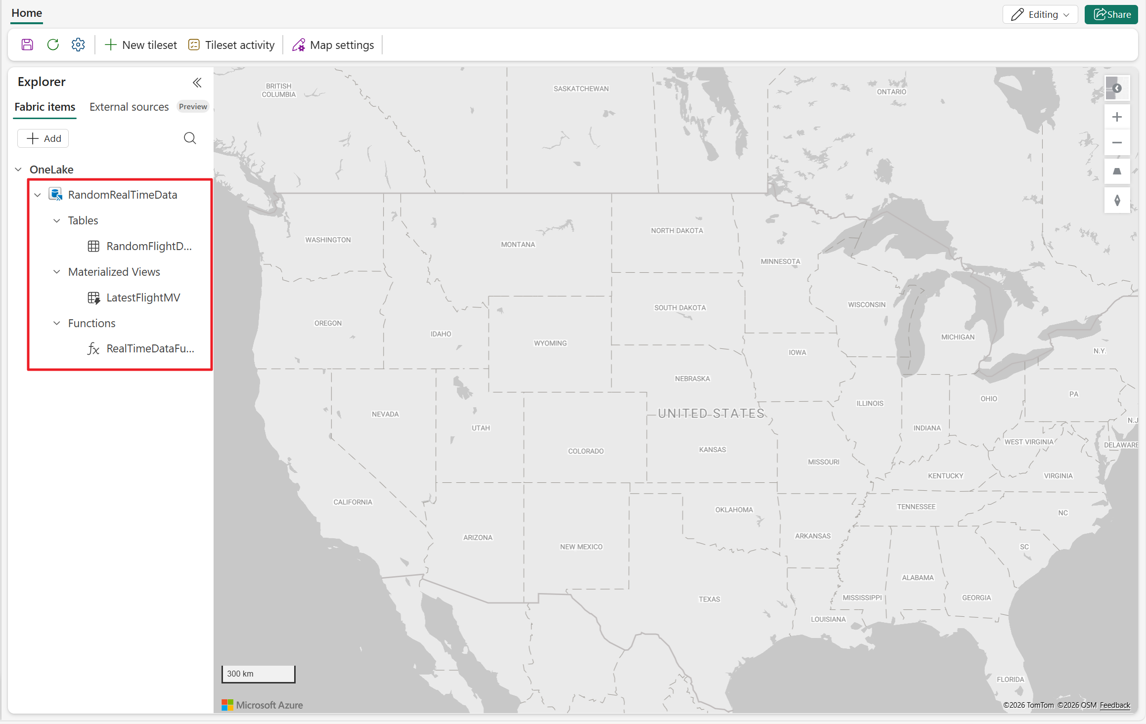 A screenshot of the Explorer pane in Fabric Maps showing the Fabric items tab with an expanded OneLake database. The database hierarchy displays three collapsible sections: Tables, Materialized Views, and Functions.