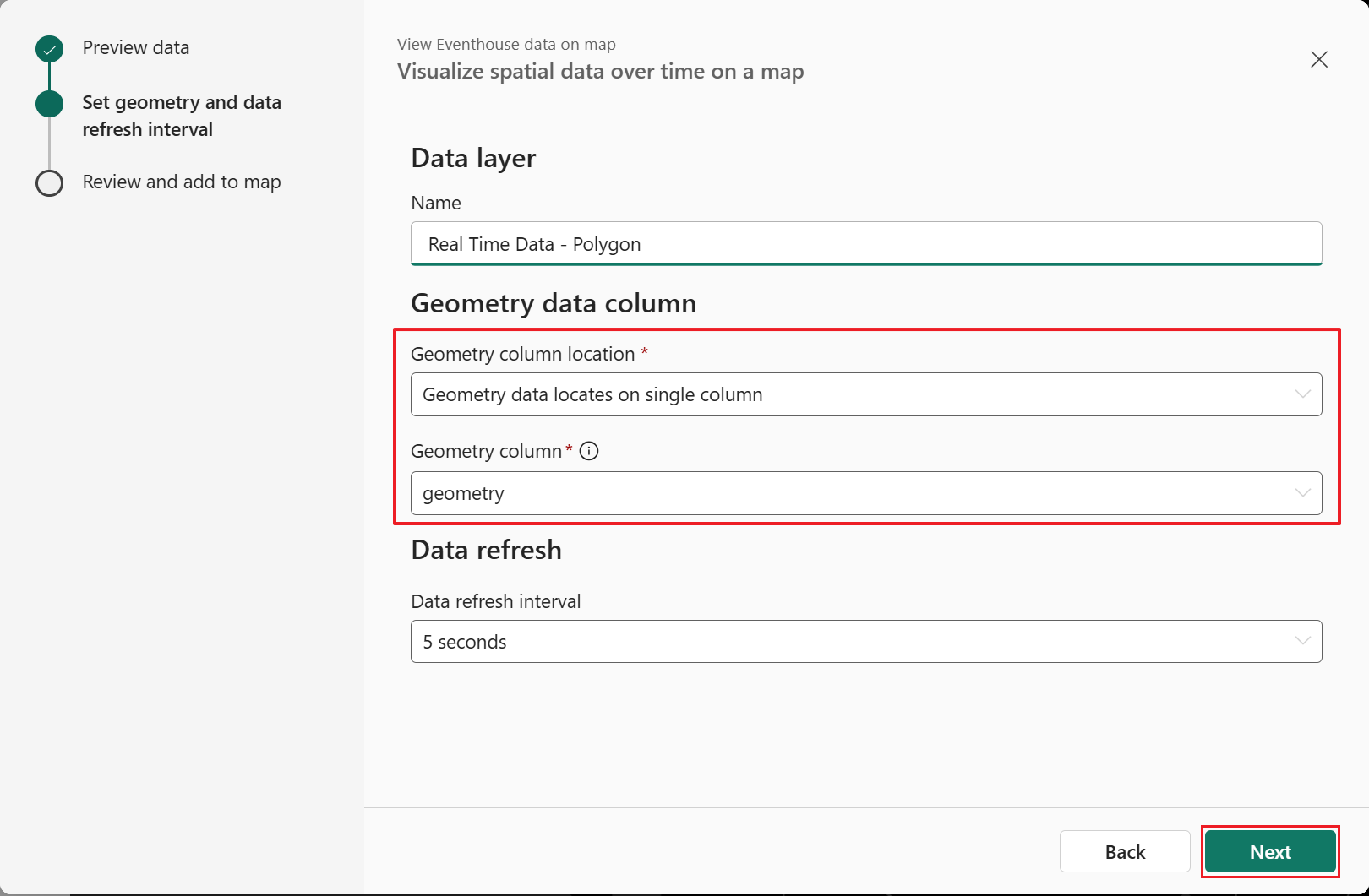 Screenshot of the Fabric Maps Set geometry and data refresh interval configuration step for single geometry column. The form shows Data layer name field with Latest flight data - US, Geometry data column dropdown set to Geometry data locates on single column with a geometry column field populated, and Data refresh dropdown set to 5 seconds. The left sidebar displays the three-step progress indicator with Set geometry and data refresh interval highlighted. Back and Next buttons appear at the bottom right.