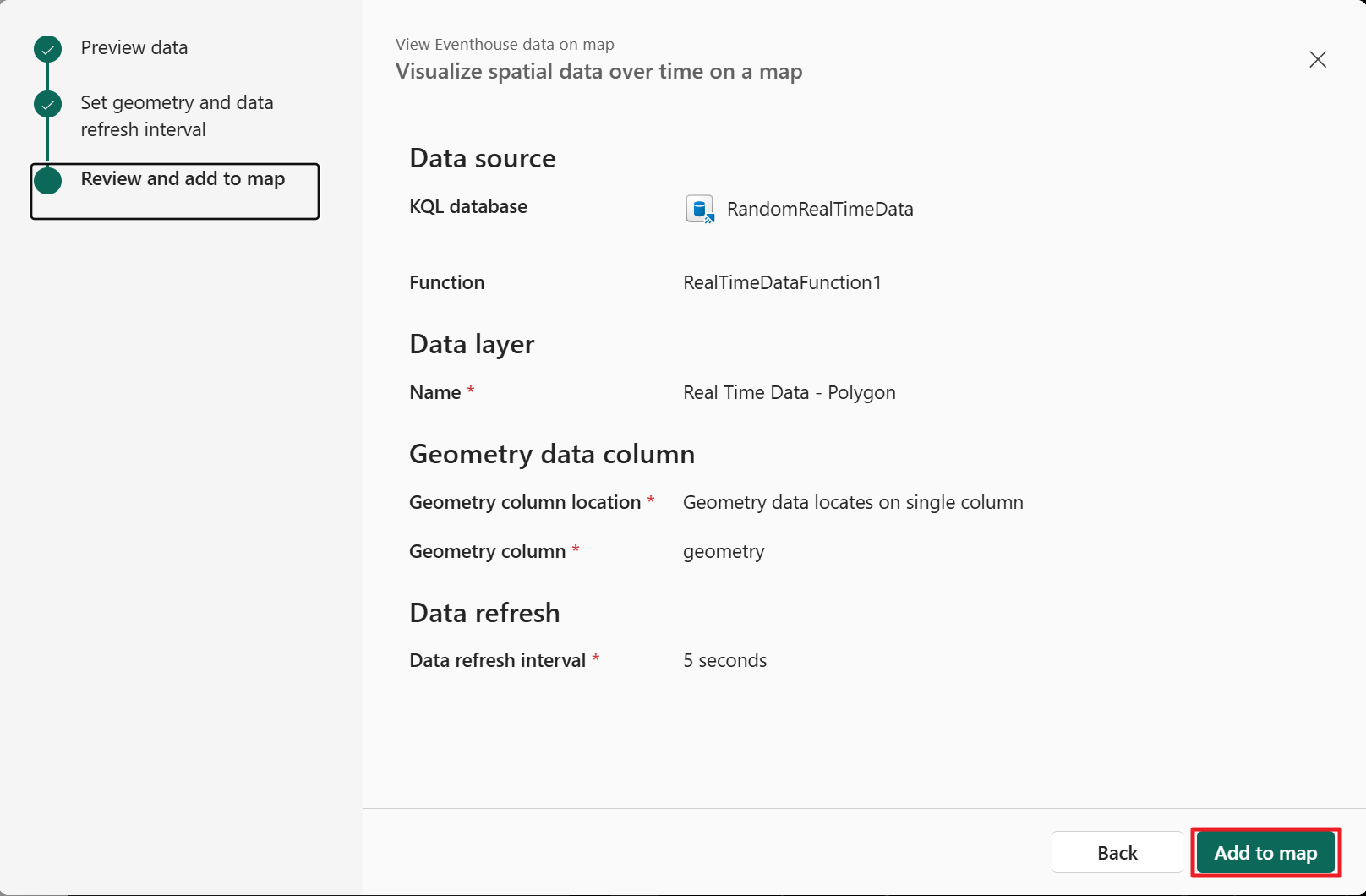 Fabric Maps Review and add to map configuration step. Form displays Data source: KQL database RandomRealTimeData, Function: RealTimeDataFunction1, Data layer name: Latest flight data - US, Geometry data column: Geometry data locates on single column with populated geometry field, Data refresh: 5 seconds. Left sidebar shows three-step progress: Preview data, Set geometry, and data refresh interval, and Review and add to map (currently highlighted in teal). Bottom right contains Back and Add to map buttons for finalizing Kusto layer configuration.