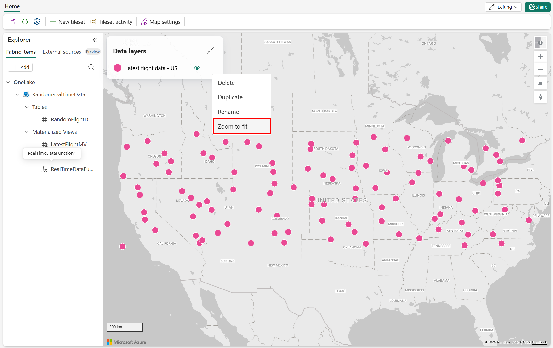 Screenshot of the Fabric Maps interface showing a data layer context menu with the Zoom to fit option highlighted.