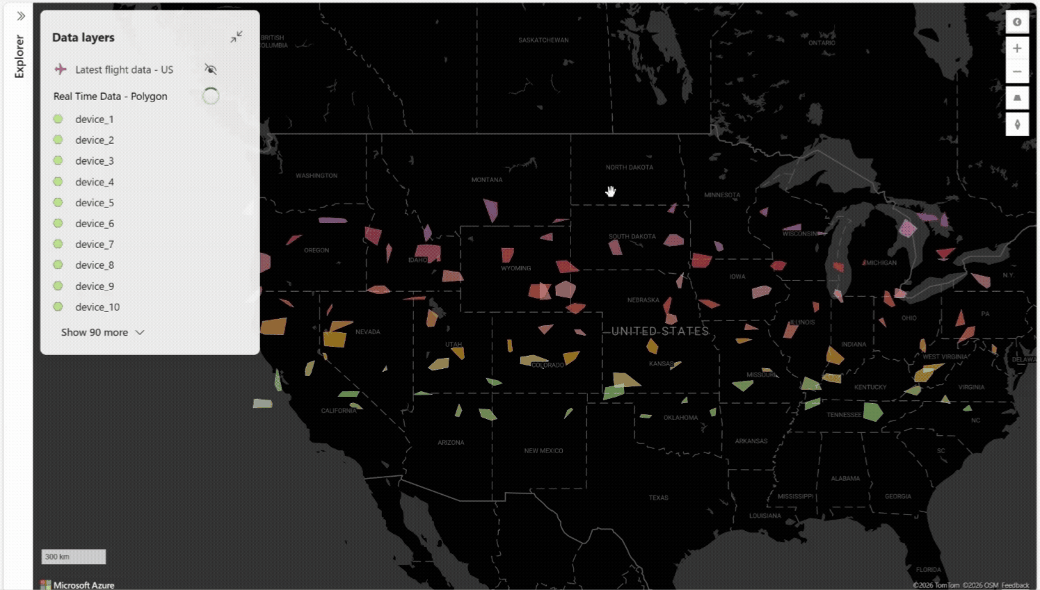 Animated demonstration of Fabric Maps showing a polygon layer updating in real time as new flight data arrives. The map displays colored polygons across the United States representing data points, with the layer configuration panel visible on the left side. The polygons change color and position as the data refreshes every 5 seconds, illustrating how live Kusto data flows into map visualizations.