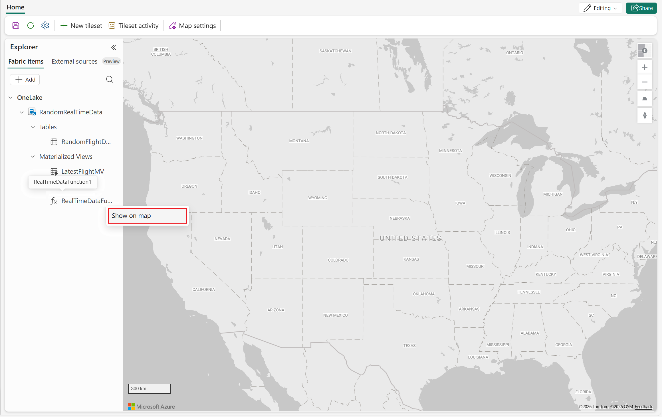 A screenshot of the Explorer pane in Fabric Maps with the Fabric items tab active. The context menu is open on a KQL database entity, displaying the Show on map option. The menu appears in the left sidebar above the map visualization, allowing users to add the selected Kusto data source as a layer.