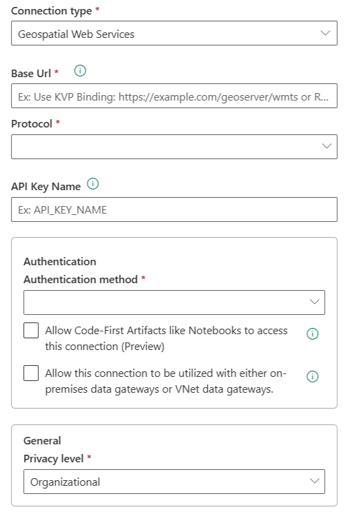 A screenshot that shows the New connection dialog in Microsoft Fabric Maps showing fields for configuring a Geospatial Web Services connection. The form includes dropdowns and input fields for connection type set to Geospatial Web Services, base URL, protocol, API key name, authentication method, and privacy level set to Organizational. There are checkboxes for allowing code-first artifacts and gateway utilization.