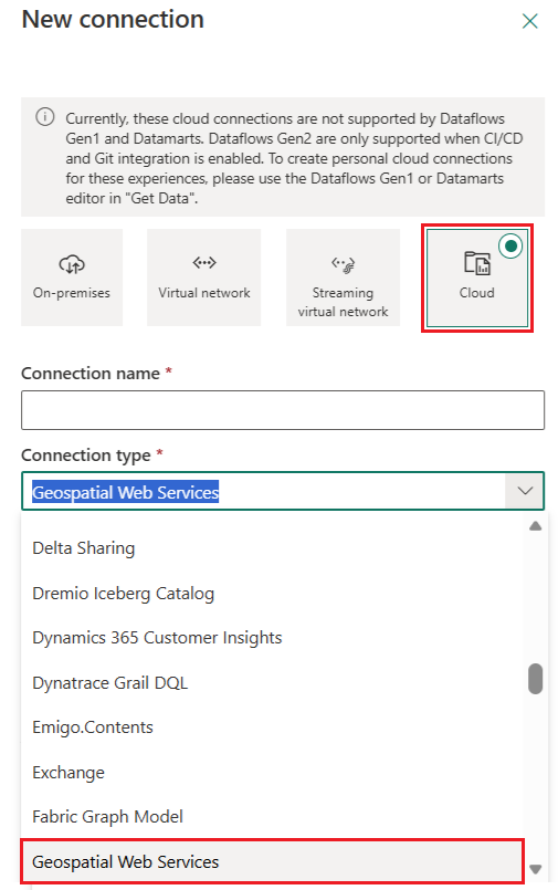 Screenshot of the New connection dialog in Microsoft Fabric Maps. The Cloud option is selected among connection types, and the Connection type dropdown is expanded, highlighting Geospatial Web Services as an option.