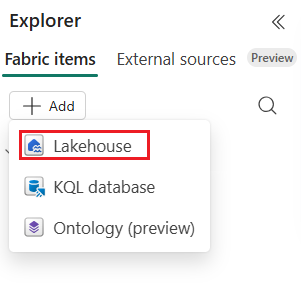 A screenshot showing the Explorer pane in Fabric Maps showing the Fabric items tab with the Add dropdown menu expanded, listing three options: Lakehouse, KQL database, and Ontology (preview), with Ontology (preview) highlighted.