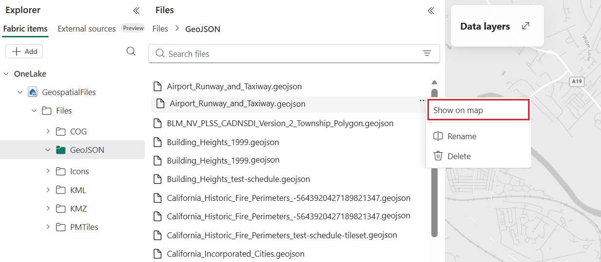 Screenshot of the OneLake file browser in Fabric Maps showing a GeoJSON file selected in the Files list. A context menu displays three options: Show on map (highlighted), Rename, and Delete. The file explorer sidebar on the left shows the GeoJSON folder expanded within the Geospatial Files section. A map preview appears on the right side of the interface.