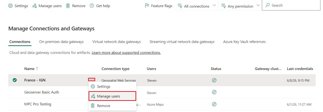 A screenshot showing the Manage Connections and Gateways interface in Microsoft Fabric Maps with the context menu open showing options: Settings, Manage users (highlighted), and Remove. The wider environment displays a list of connections with columns for Name, Connection type, Users, Status, and Gateway cluster name.