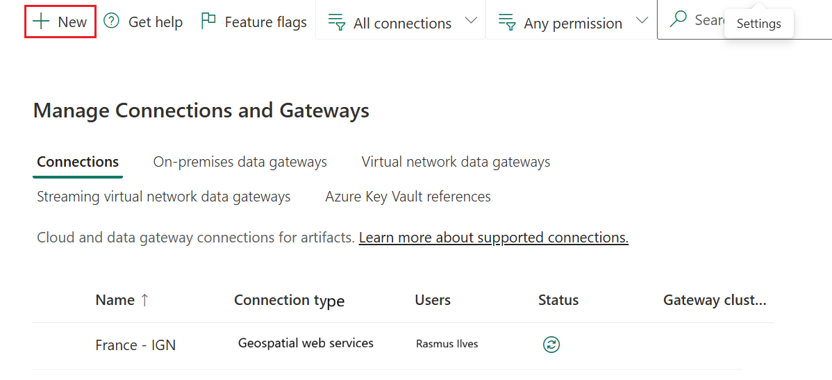 A screenshot of the Microsoft Fabric Maps interface showing the Manage Connections and Gateways page. The New button in the upper left is highlighted.