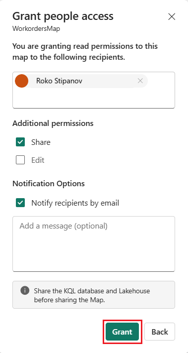 Screenshot of the Grant people access dialog for WorkordersMap in Microsoft Fabric. The dialog shows a recipient field with Paige Turner added, Additional permissions section with Share checkbox selected and Edit checkbox unselected, Notification Options section with Notify recipients by email checkbox selected, an optional message text box, and an information note stating Share the KQL database and Lakehouse before sharing the Map. Grant and Back buttons appear at the bottom right.