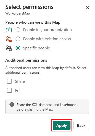 A screenshot of the Fabric Maps create and send link dialog. The dialog shows a briefcase icon with the text People in your organization can view and a chevron arrow. Below are two input fields labeled Enter a name or email address and Add a message optional. A Send button appears on the right side. At the bottom are four sharing options displayed as icons with labels: Copy link, by Email, by Teams, and by PowerPoint. The dialog includes a search icon and close X button in the header.