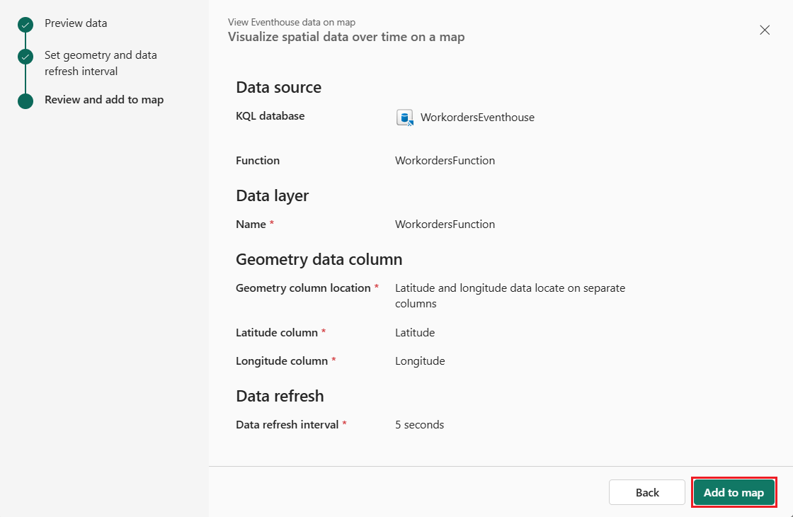 A screenshot of the Microsoft Fabric View Eventhouse data on map dialog showing the final Review and add to map step of the configuration workflow. The left sidebar displays three sequential workflow steps: Preview data and Set geometry and data refresh interval both completed with green checkmarks, and Review and add to map currently active with a blue dot indicator. The main panel shows the summary of configuration settings: Data source section lists KQL database as WorkordersEventhouse and queryset as WorkordersFunction. The Data layer section displays the layer name WorkordersFunction marked as required with a red asterisk. The Geometry data column section shows three required fields marked with red asterisks: Geometry column location set to Latitude and longitude data located on separate columns, Latitude column set to Latitude, and Longitude column set to Longitude. The Data refresh section indicates the refresh interval is set to 5 minutes, also marked as required. The dialog footer contains Back and Add to map buttons positioned at the bottom right, with the Add to map button highlighted ready to finalize adding the eventhouse data layer to the map.