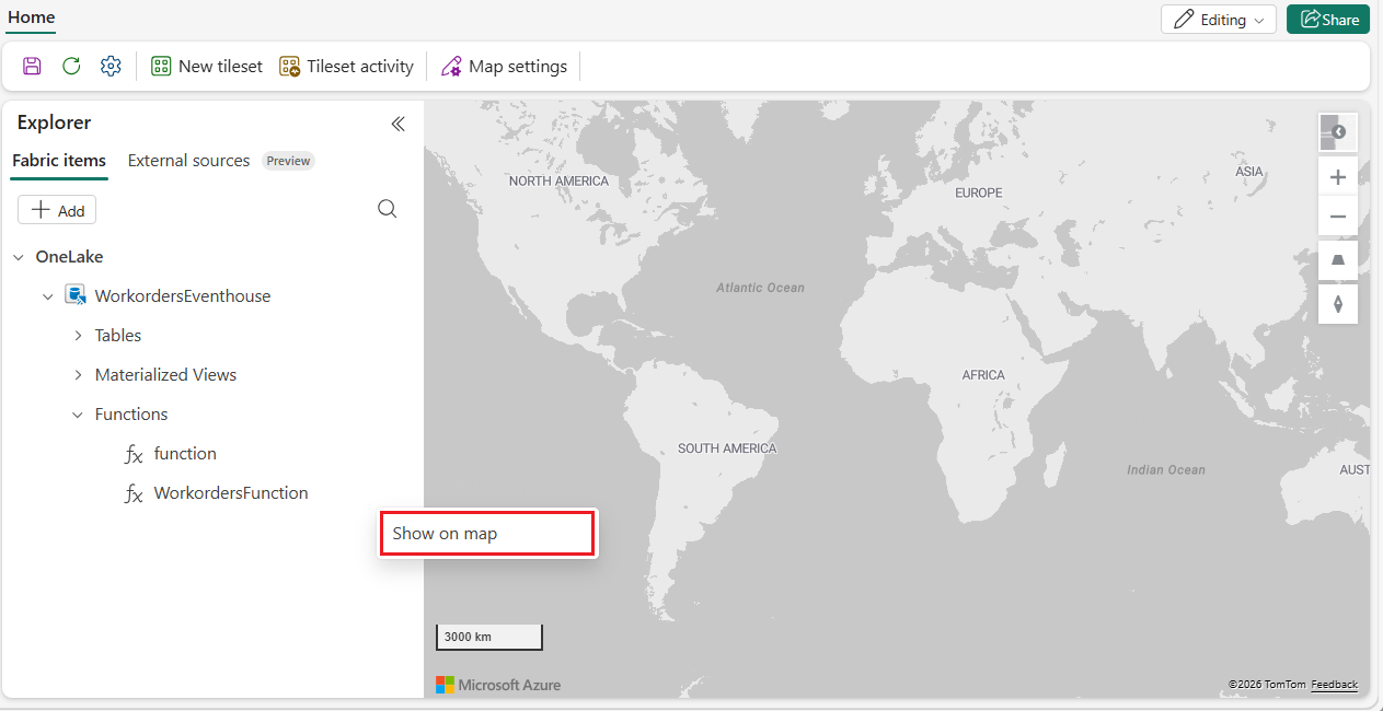 A screenshot of the Microsoft Fabric Maps Explorer panel displaying a hierarchical tree structure with KQL database section expanded. The tree shows WorkordersEventhouse containing Workorders-Event table and WorkordersFunction function. An ellipsis menu is open next to WorkordersFunction revealing options including Show on map highlighted with a red rectangle border.