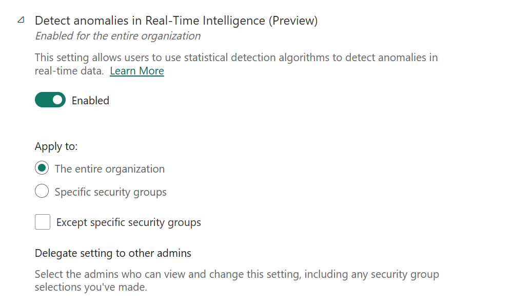 Screenshot of enabling Detect anomalies in Real-Time Intelligence (Preview) in the Admin portal.