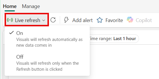 Screenshot of the Live refresh button in the dashboard ribbon.