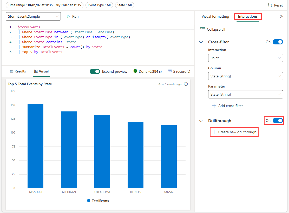 Screenshot of the Interactions pane with drillthrough turned on.