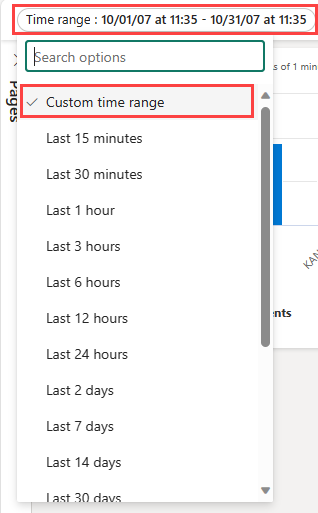 Screenshot of the Time range filter with a custom range selected.