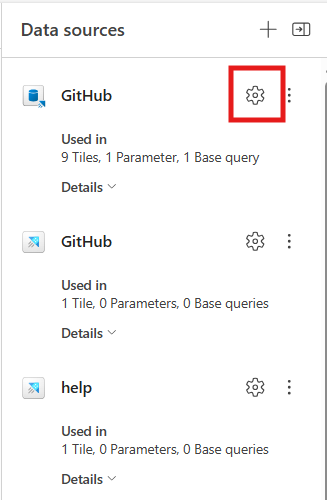 Screenshot showing the Data source side pane with the settings icon highlighted.