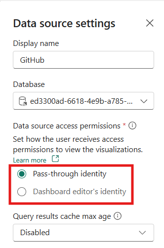 Screenshot showing the Data source settings pane with Dashboard editor's identity selected.