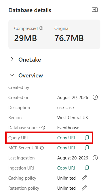 Screenshot showing the cluster URI in the database details side pane.