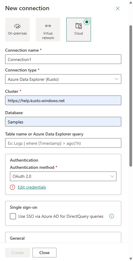 Screenshot showing the New connection side pane.