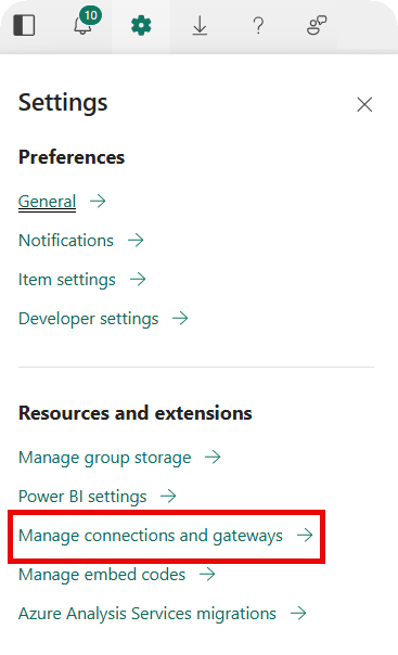 Screenshot showing the Manage connections and gateways settings option.