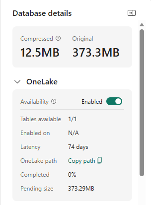 Screenshot of the OneLake section details once Availability is set to Enabled. The option to expose data to OneLake is turned on.
