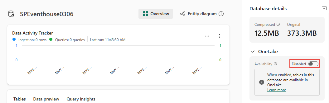 Screenshot of the OneLake section of the Database details pane showing the Availability option highlighted.