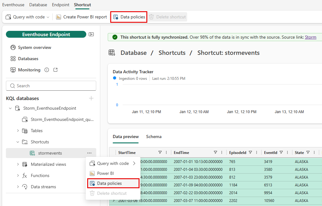 Screenshot of the eventhouse with the Data policies option highlighted.