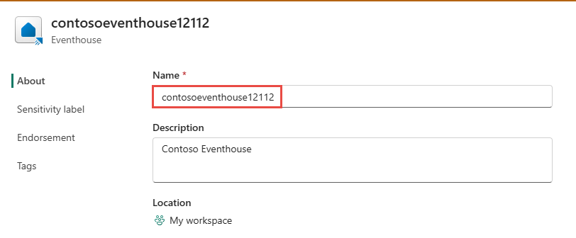 Screenshot of the Settings page with a new name for the eventhouse.