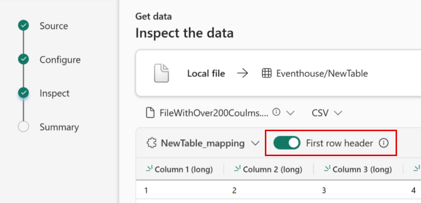 Screenshot of advanced CSV options, including controls for first row header and delimiter settings.
