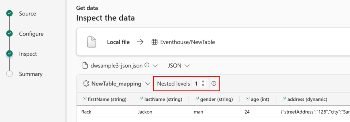 Screenshot of advanced JSON options, including the Nested levels setting used to split JSON columns.