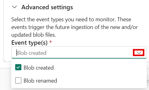 Screenshot of Advanced settings with the Event types dropdown expanded.
