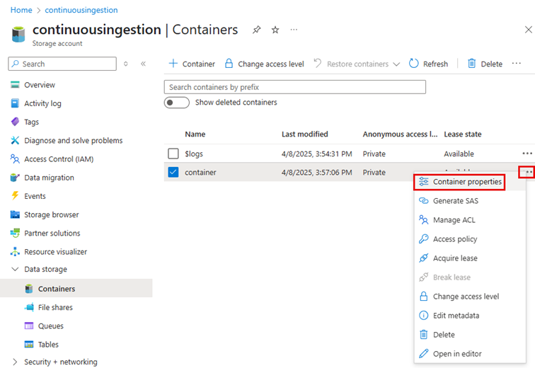 Screenshot of the container list with the context menu open and the Container properties option highlighted.
