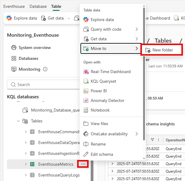 Screenshot of create a folder from a specific table.