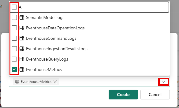 Screenshot of the list of tables that can be moved to a folder.